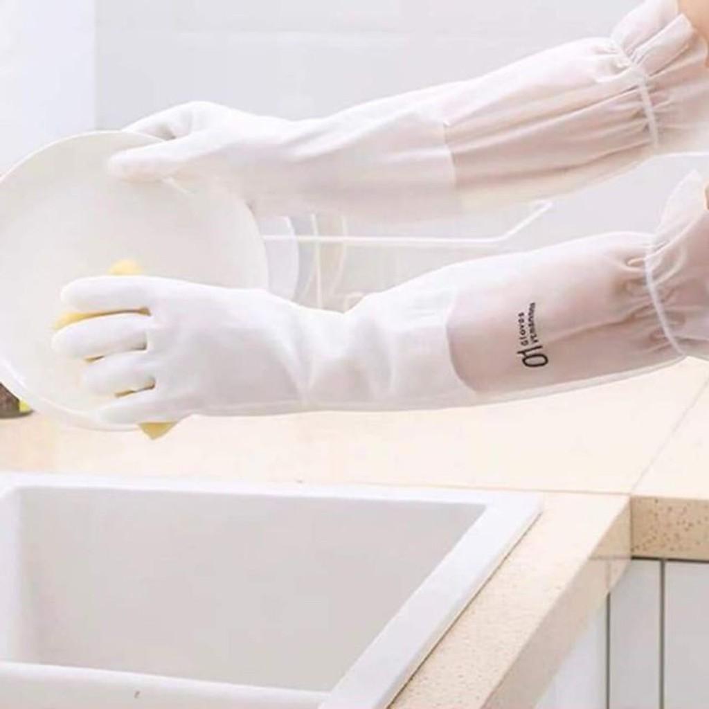 GĂNG TAY RỬA BÁT, GĂNG TAY CAO SU LÓT NỈ TRẮNG BO CHUN