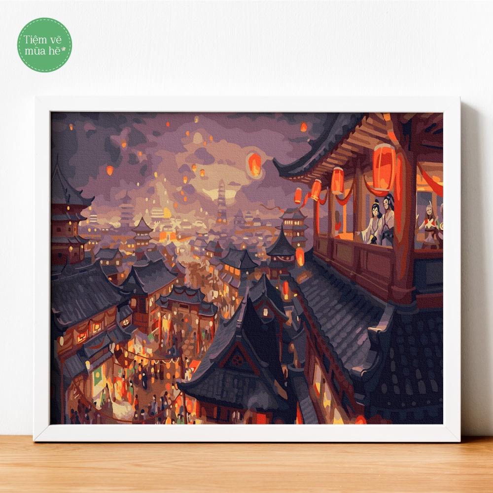 Tranh số hóa - Đêm hội lồng đèn đã căng khung 40x50cm 26 màu