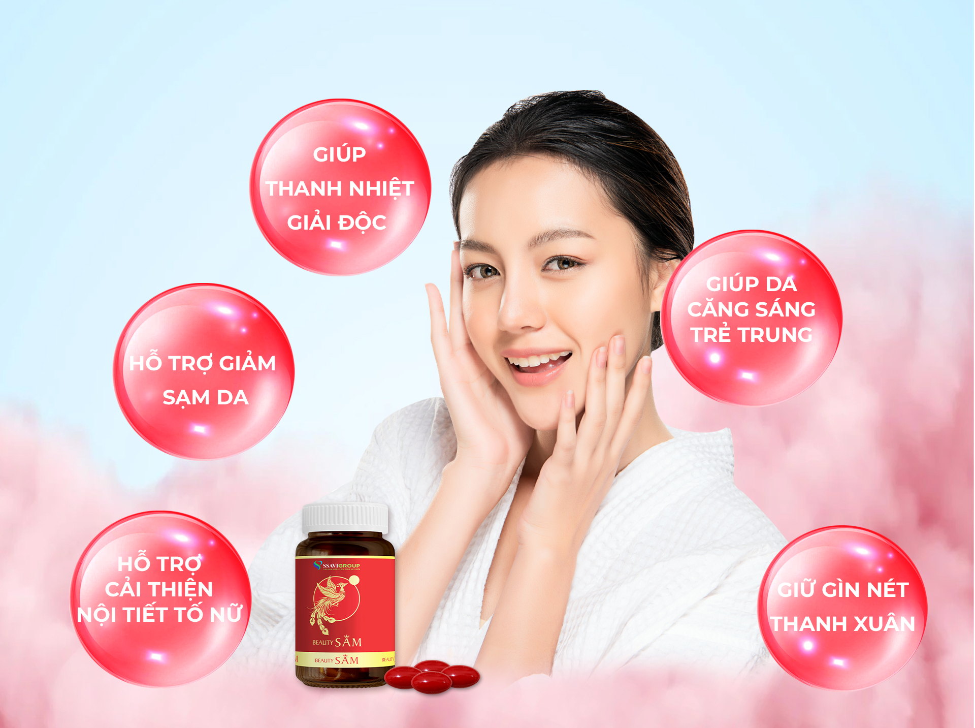 Viên uống Đẹp Da (BeautySAM) - Da sáng bóng, nhẵn mịn, hồng hào từ bên trong một cách tự nhiên, nâng cao thể trạng, thải độc và thanh lọc cơ thể, Cải thiện nội tiết tố nữ