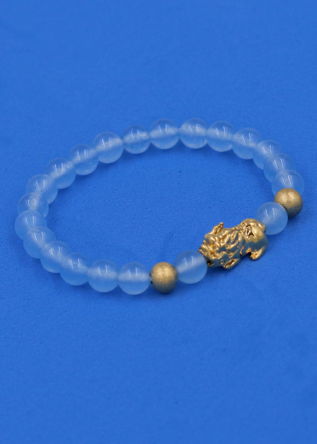 Vòng đeo tay Thạch Anh Xanh Biển 6 ly cẩn Tỳ Hưu inox vàng VTAXBTHHBV6 - hợp mệnh Mộc, mệnh Thủy