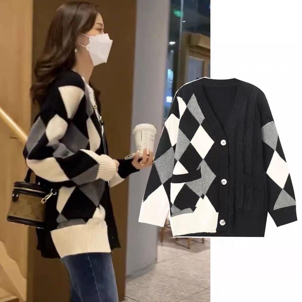Áo khoác len cardigan nữ form rộng dáng dài dày dặn bigsize phối kẻ caro len thừng phong cách Ulzzang Hàn Quốc trẻ trung