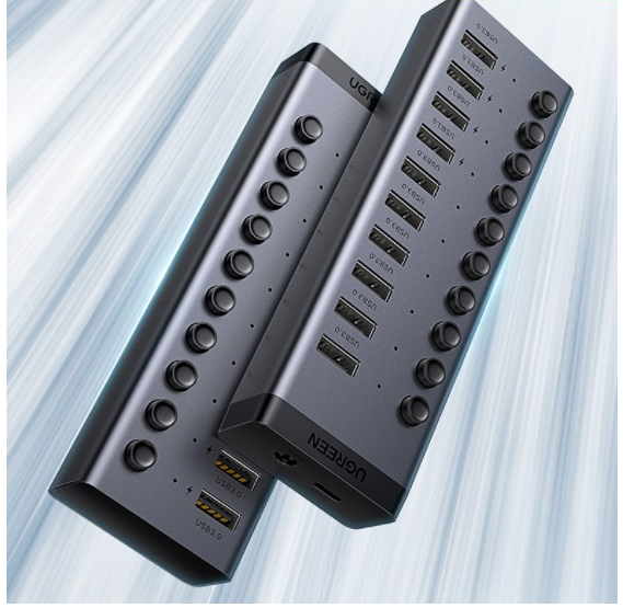 Ugreen 90307 hub ra 7 cổng USB 3.0 + Adapter 12v-2A có hỗ trợ truyền dữ liệu và sạc có kèm dây USB type C chuẩn cắm EU chân tròn Bộ chia Màu Xám CM481 20090307 - Hàng chính hãng