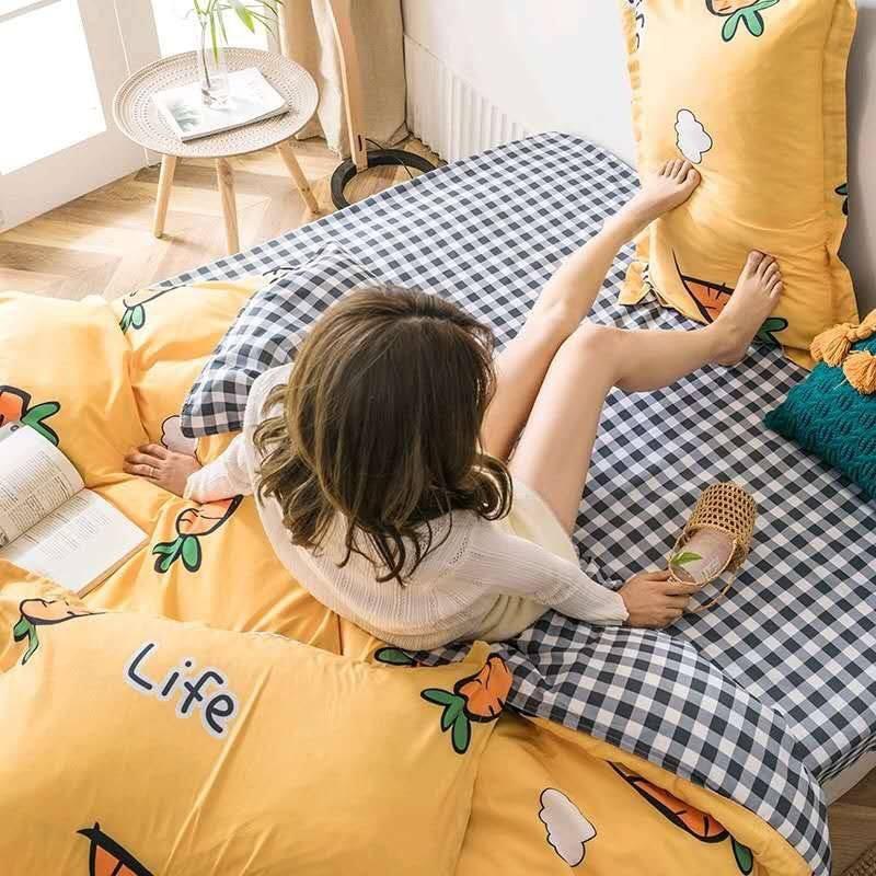 Bộ Chăn Ga Gối Cotton Poly Nhập Khẩu Cà Rốt Life Ga Kẻ Đủ size Miễn Phí Bo Chun