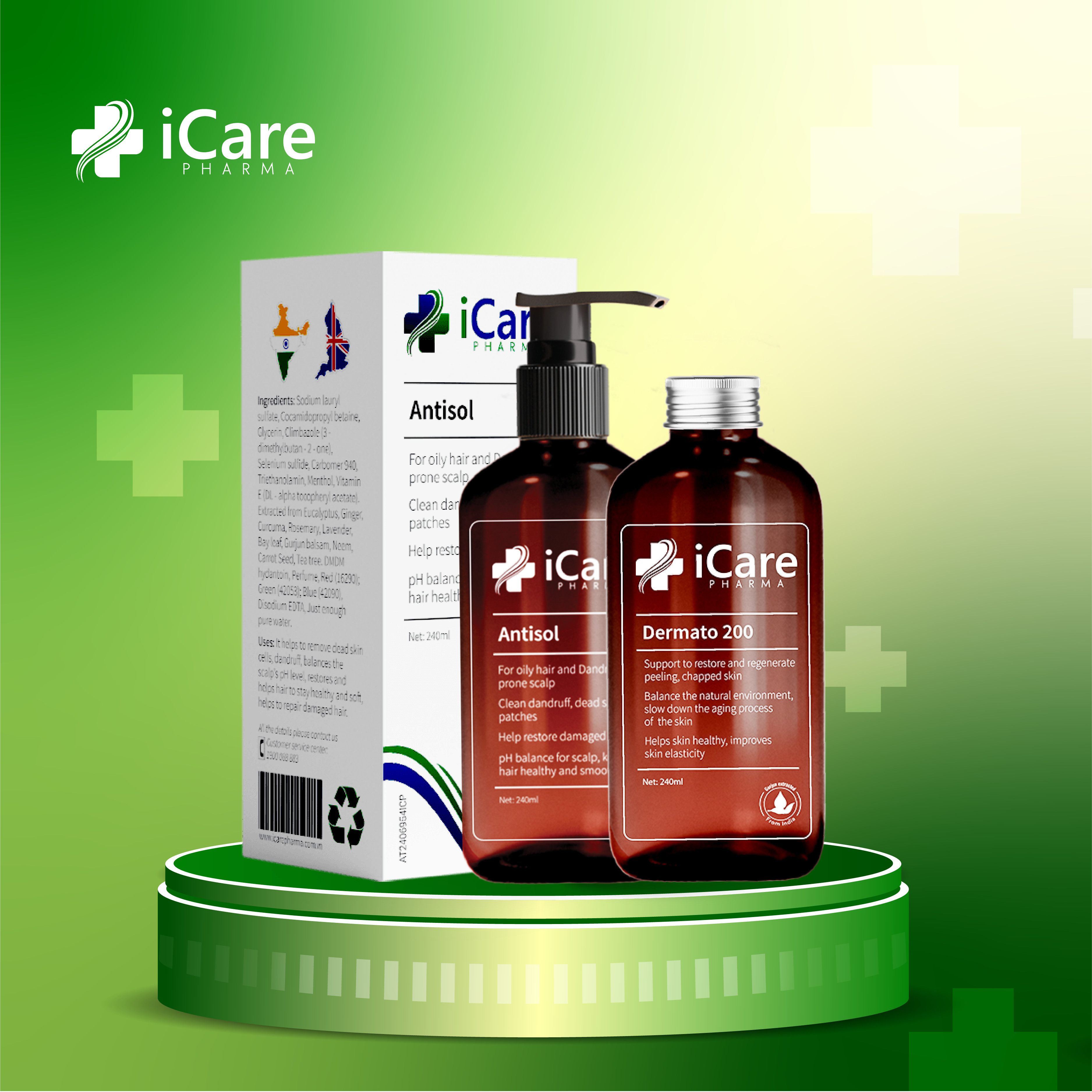 Combo Phục Hồi Tóc Hư Tổn, Ngăn Ngừa Rụng Tóc - Bộ Đôi Chăm Sóc Hoàn Hảo Dermato 200 & Antisol | Thương Hiệu iCare Pharma