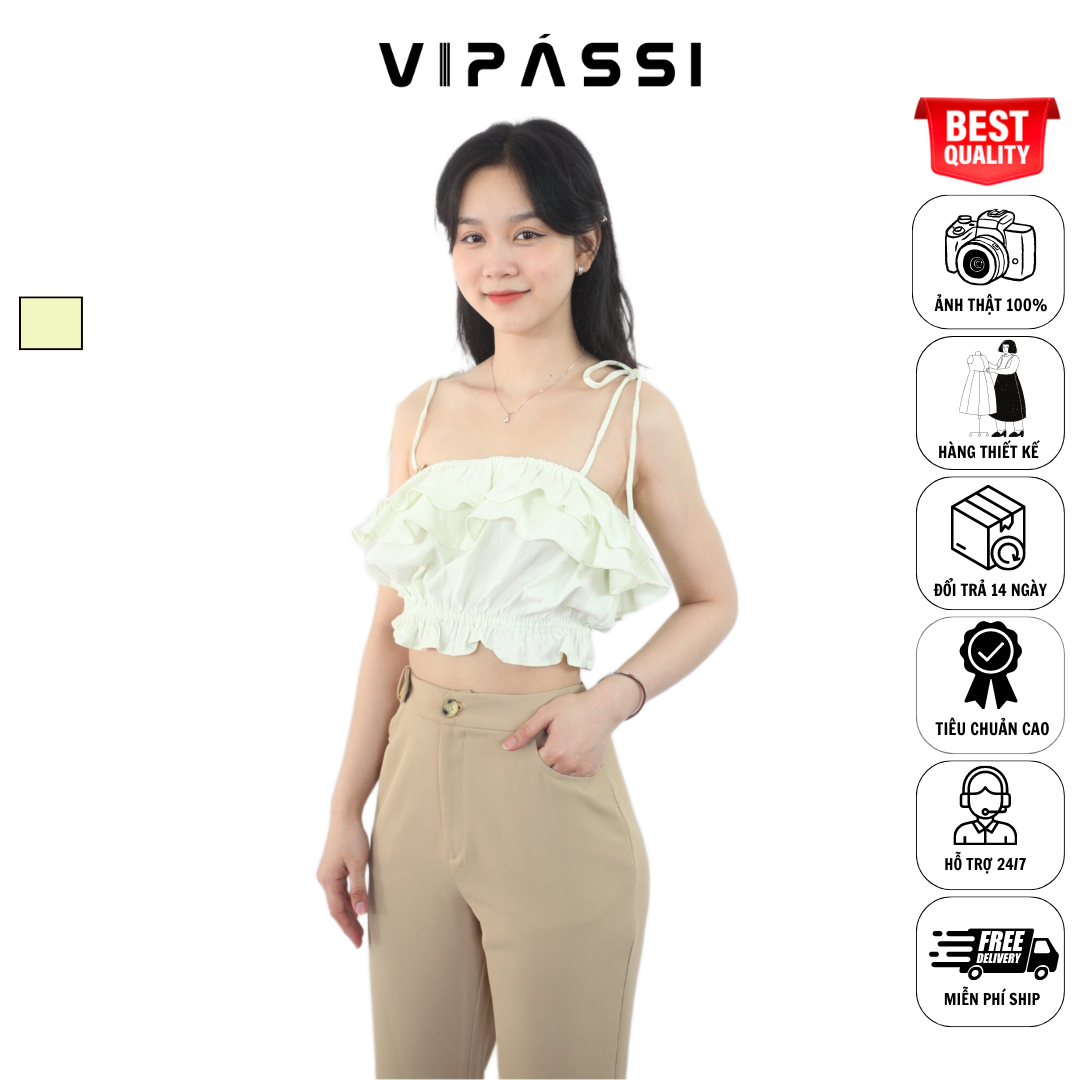 VIPÁSSI - Áo Hai Dây Linen Nhún Phối Bèo 2 Tầng Xanh Nhạt Ngắn Bo Thun Eo