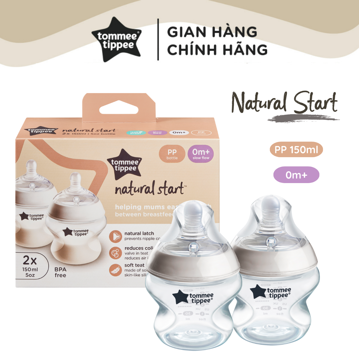Bình Sữa Ty Siêu Mềm Tự Nhiên Tommee Tippee Natural Start 150ml, Núm Ty Của Bình 0-3 Tháng (Bình đôi)
