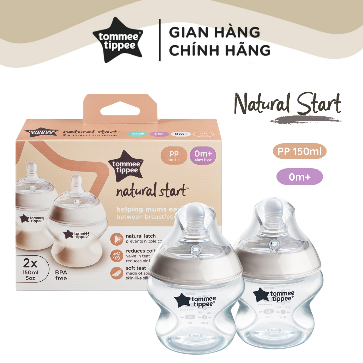 Bình Sữa Ty Siêu Mềm Tự Nhiên Tommee Tippee Natural Start 150ml, Núm Ty Đi Kèm 0-3 Tháng (Bình đôi)