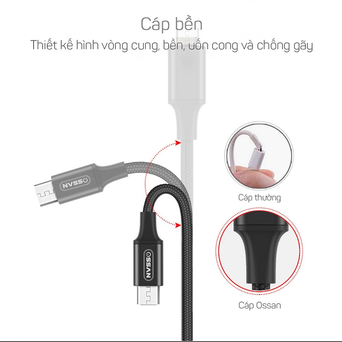 Cáp dù sạc nhanh Ossan Micro-USB dài 30 SUMO-C1M30 - Đen - Hàng chính hãng