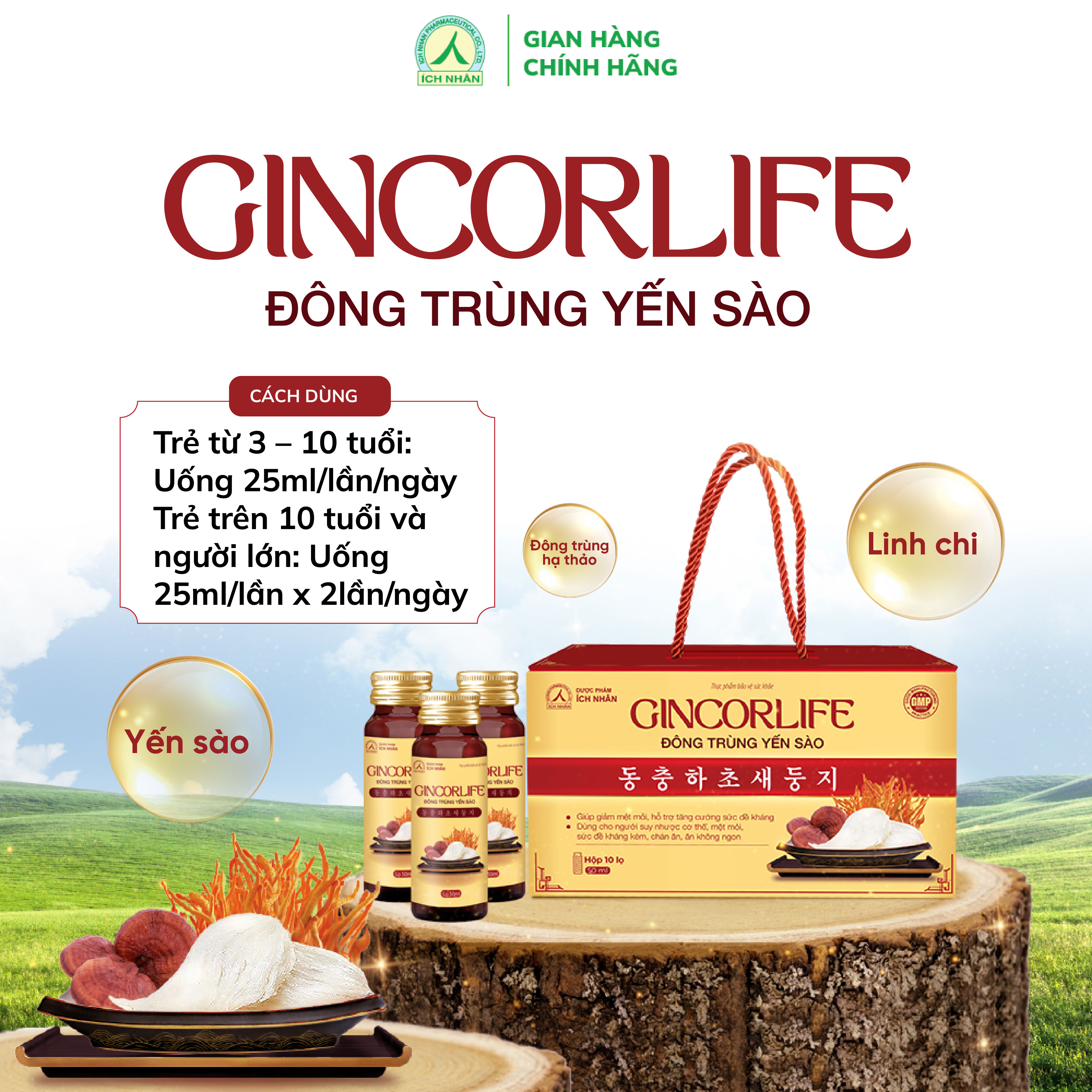 Nước hồng sâm GINCORLIFE Đông Trùng Yến Sào tăng cường sức đề kháng, giảm mệt mỏi, ăn ngon hơn hộp 10 chai x 50ml