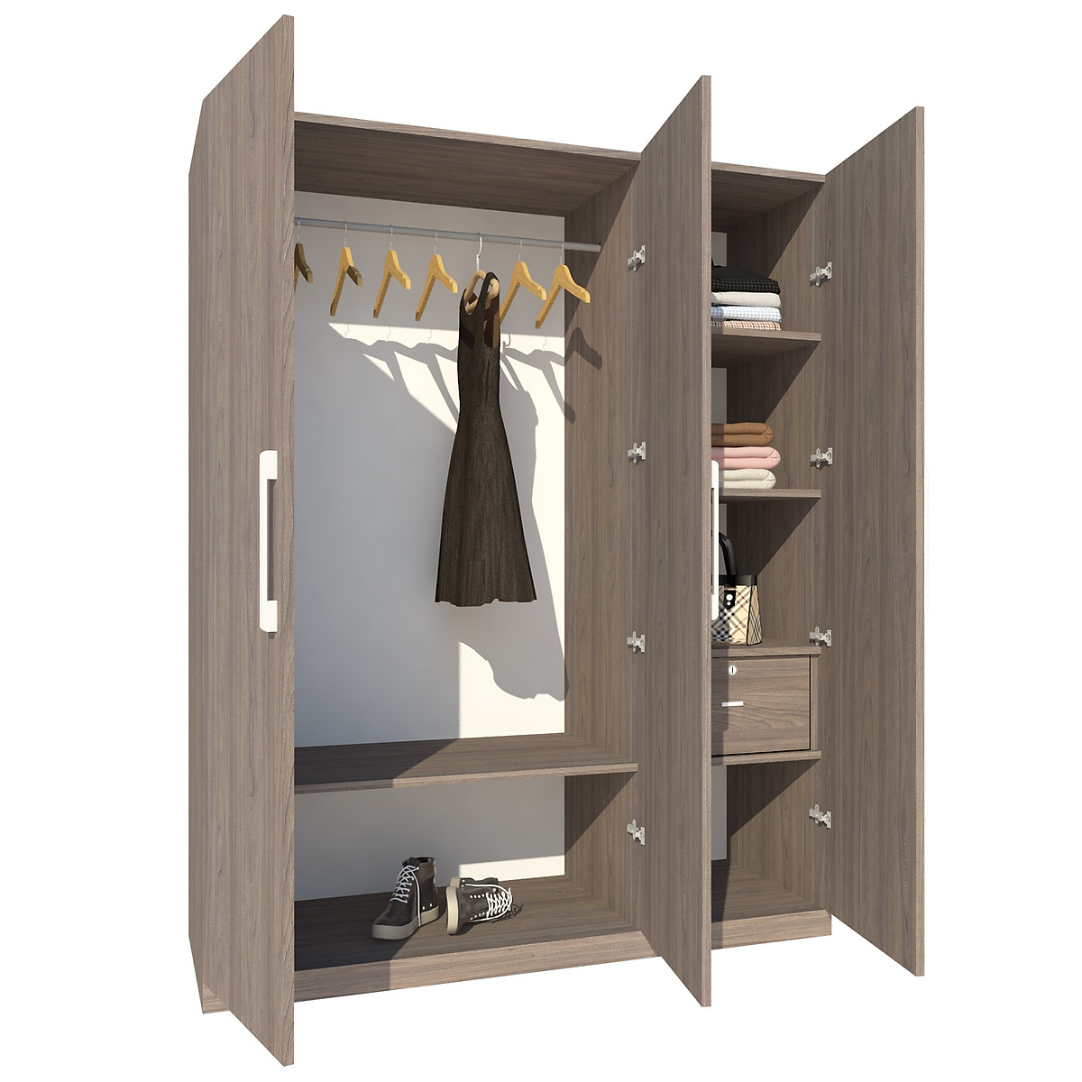 Tủ quần áo gỗ MDF Tundo 3 cánh 2 ngăn kéo màu xám 120 x 55 x 200cm