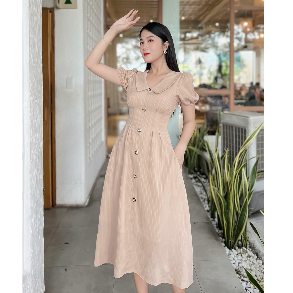 Đầm cổ sen phối nút cách điệu D088 - Khánh Linh Style - Ladyfashion