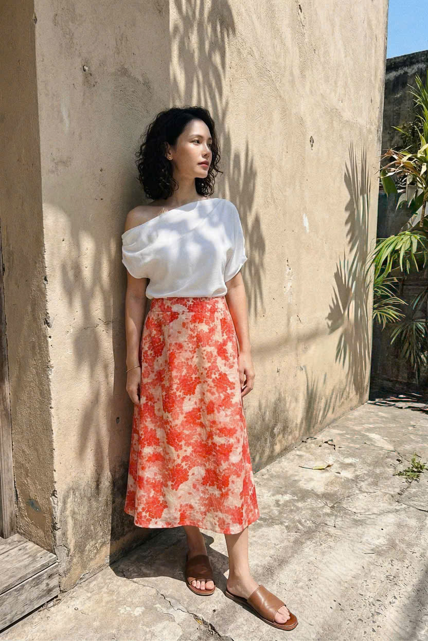 Váy Midi Ramie In Hoa Thanh Minh Ski055 Thời trang Hity