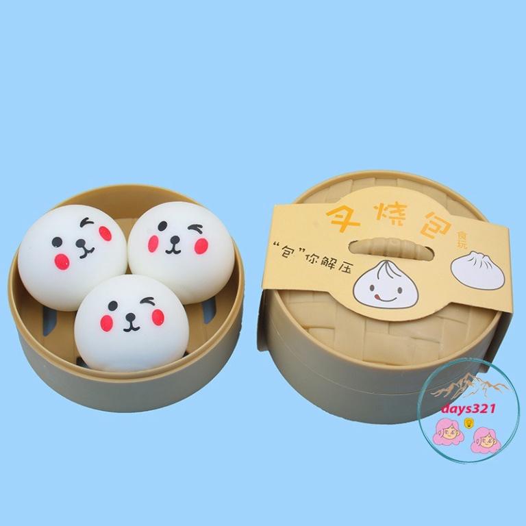 3 chiếc bánh bao màn thầu squyshi mềm mại hộp mặt hề mặt gấu trúc xinh xắn đáng yêu
