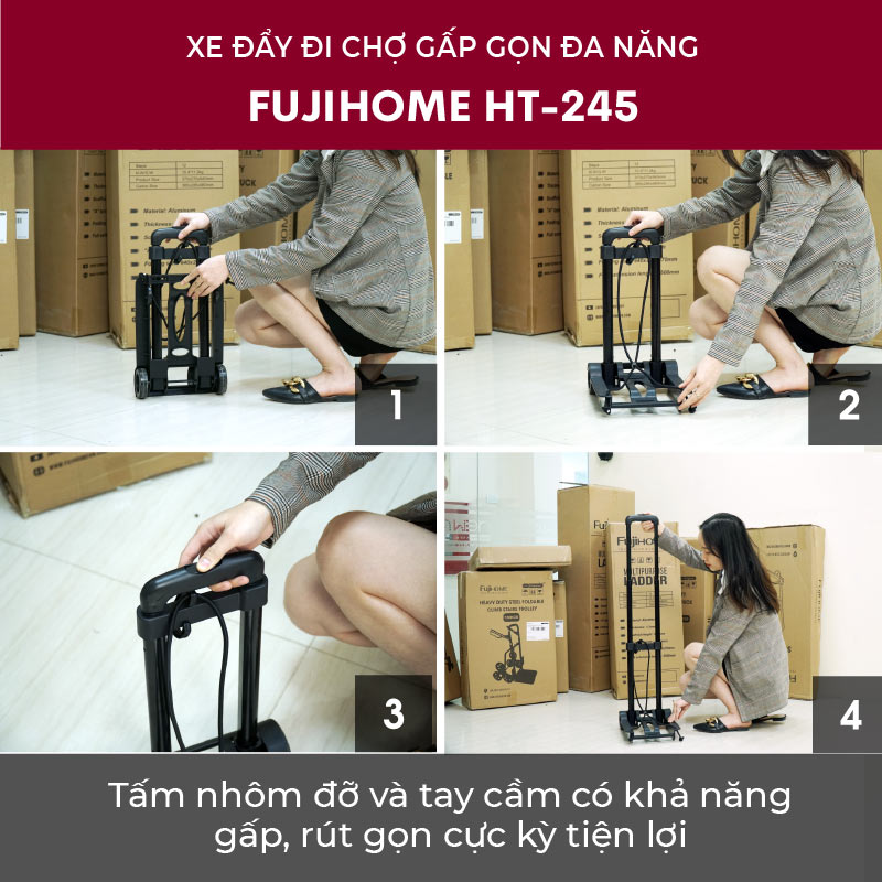 Xe đẩy hàng gấp gọn đi chợ (đi kèm dây buộc) FUJIHOME HT-245, xe kéo hàng đi chợ gấp gọn mini siêu thị đa năng - Hàng Nhập Khẩu