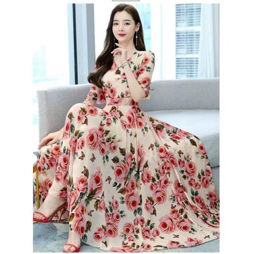 HÀNG NHẬP - ĐẦM MAXI VOAN HOA HỒNG CỔ TIM TAY LỠ