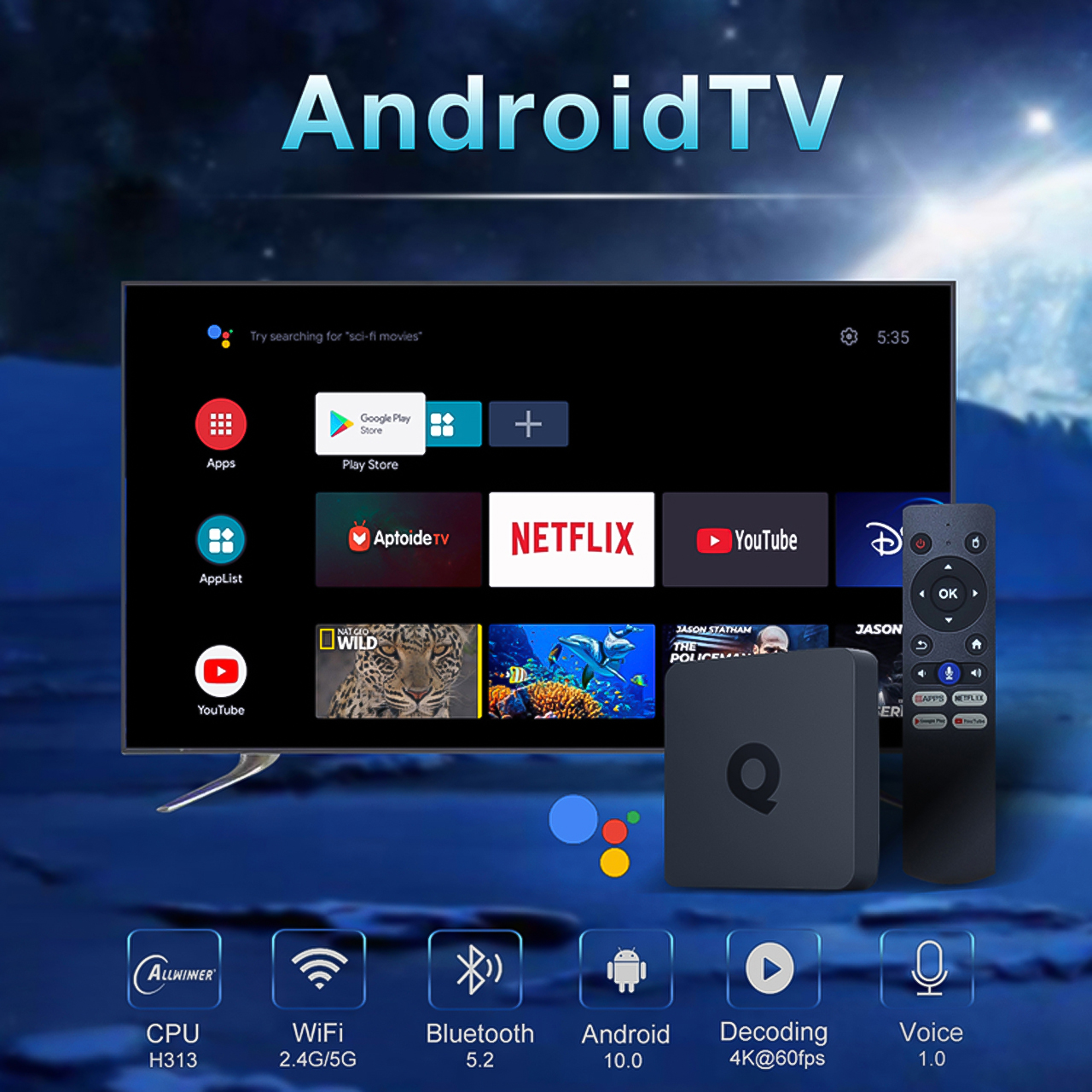 Tivi box Vinetteam Q1 Android  tivi 10 Điều Khiển Giọng Nói 200 Kênh Miễn Phí Wifi Kép Bluetooth RAM 2GB+8G - Hàng nhập khẩu
