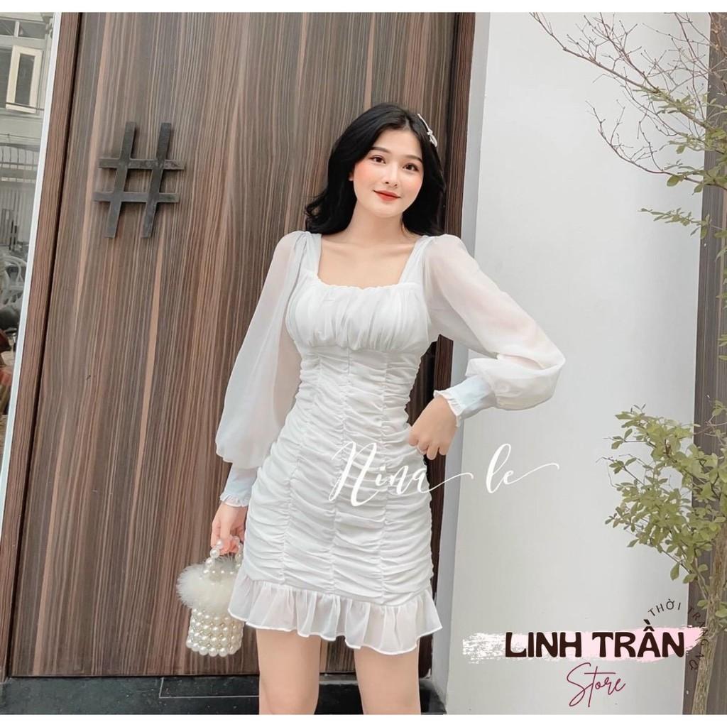 Đầm Trắng Voan Nhún Thân Chân Bèo 2 Lớp Váy Body Trắng Tay Dài Nhúng Thân Linh Trần Store