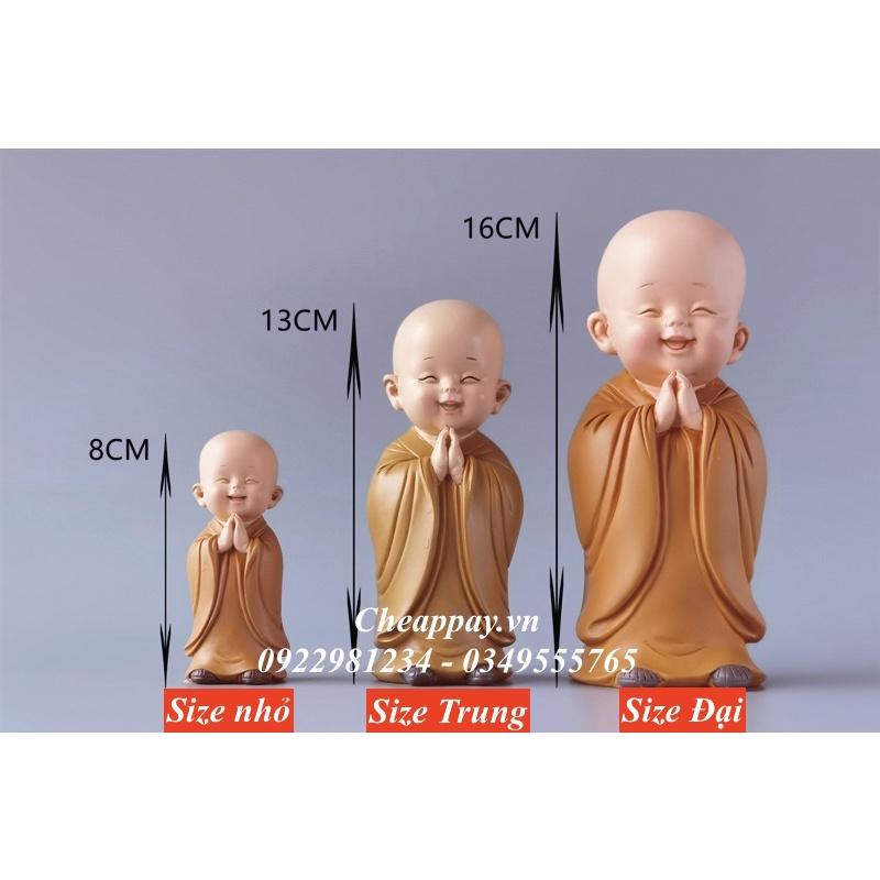 Size Đại - Bộ 3 Tượng Chú Tiểu Vui Vẻ Áo Nâu - Mẫu Chú Tiểu Đeo Chuỗi