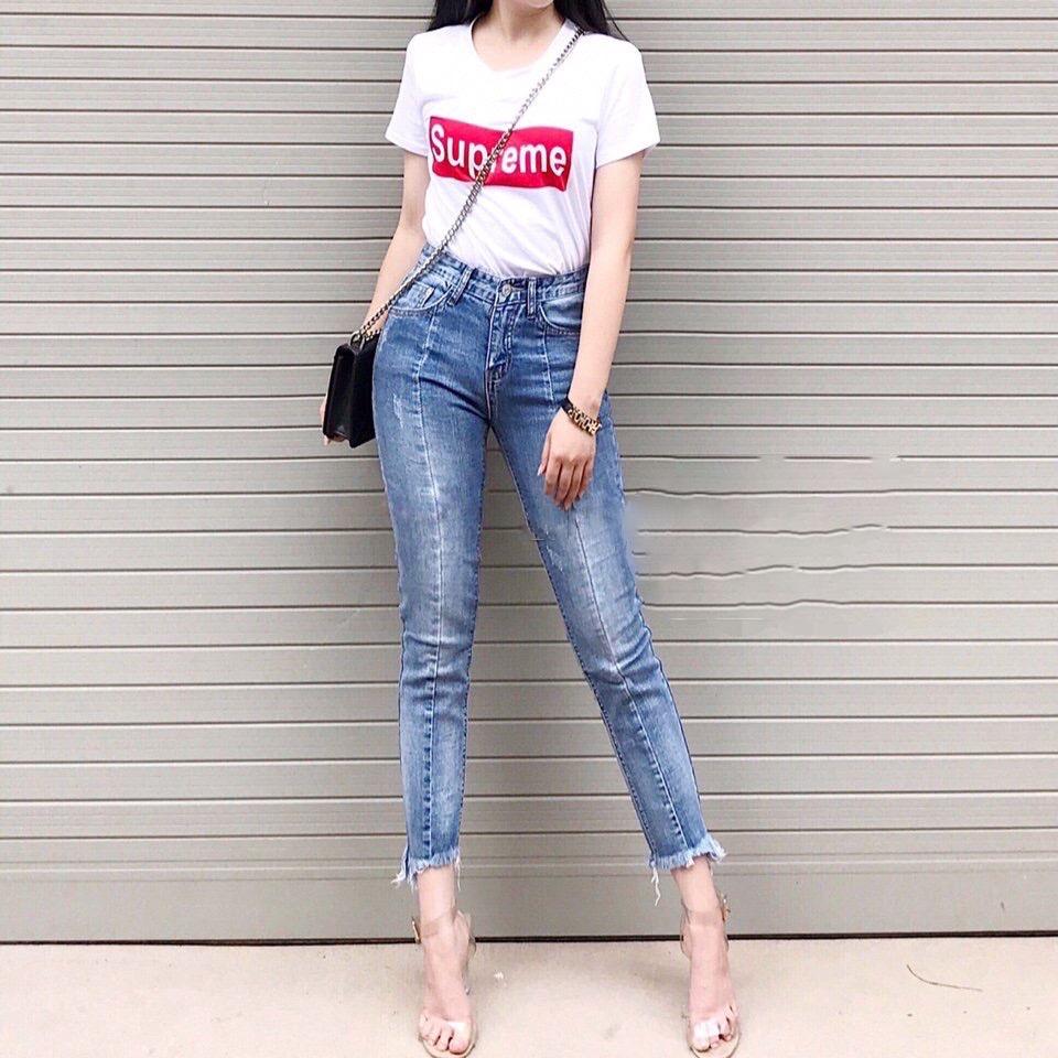 Quần jean 9 tấc Size To phom Baggy/boyfriend co dãn mạnh, lưng cao, kiểu ống ống quần có sọc giữa 4144