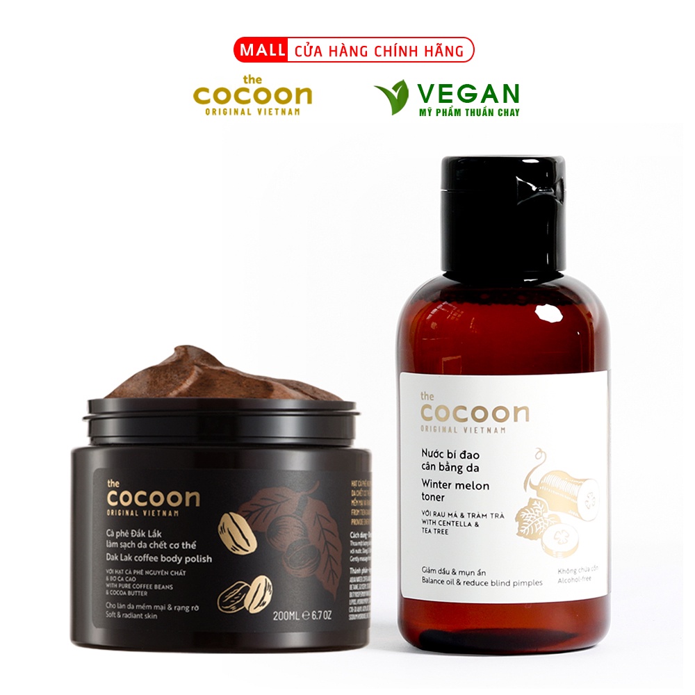 Combo Toner bí đao cân bằng da cocoon 140ml + Cà phê đắk lắk làm sạch da chết cơ thể cocoon 200ml