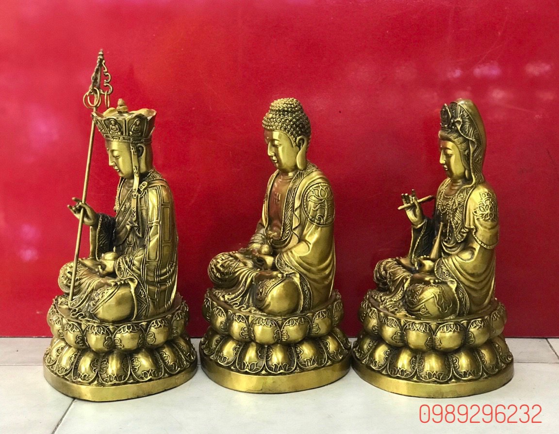 Bộ tượng Ta Bà Tam Thánh Phật áo hoa đẹp bằng đồng - Tượng tam thánh cao 30