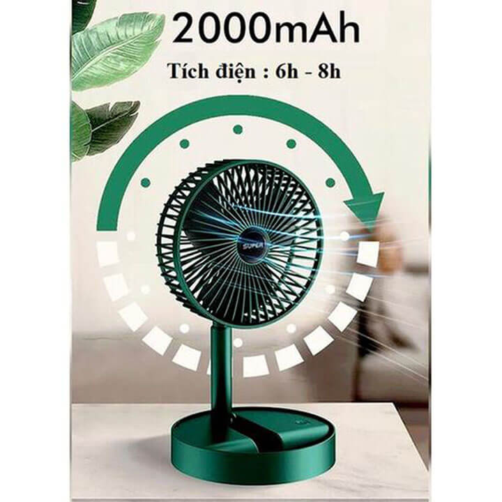 Quạt tích điện mini để bàn gấp gọn Super Fan có thể điều chỉnh độ cao, 3 tốc độ gió, sạc micro USB có giá đỡ điện thoại