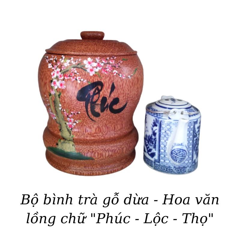 Bộ Bình Trà Gỗ Dừa Có Chân Sang Trọng Vẽ Hoa Văn Lồng Chữ "Phúc"; "Lộc"; "Thọ" - Bình Trà 700 - 900ml