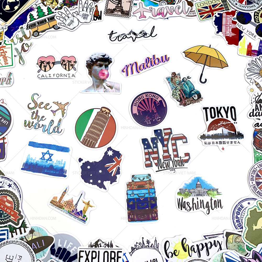 Bộ 50 Sticker Travel Du Lịch Hình Dán Trang Trí Va Li Chống Nước Decal Chất Lượng Cao Xe Đạp Xe Máy Xe Điện Motor Laptop Nón Bảo Hiểm Máy Tính Học Sinh Tủ Quần Áo Nắp Lưng Điện Thoại