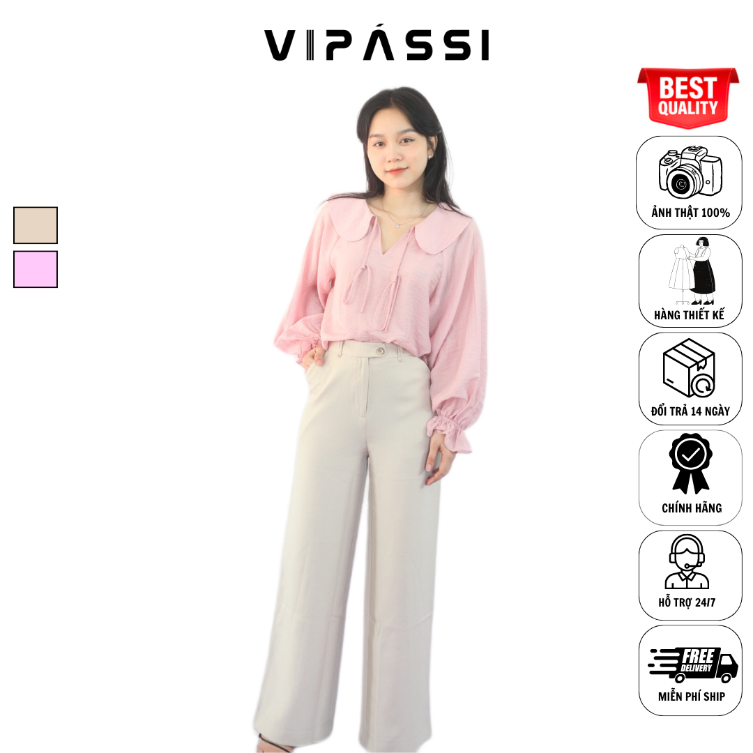 VIPÁSSI - Quần Tây Dài Dáng Suông Loe Nhẹ Khóa Kéo Lưng Cao Họa Tiết Quai Dê Ngắn