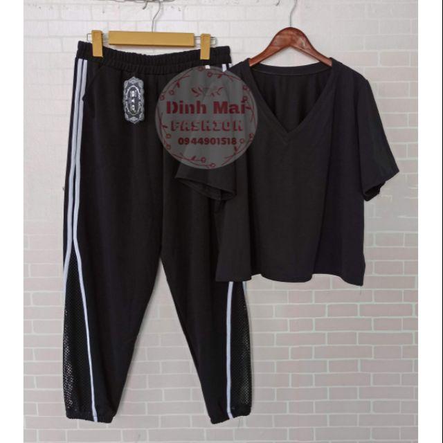 Set bigsize quần thể thao phối lưới mix áo cổ tim croptop