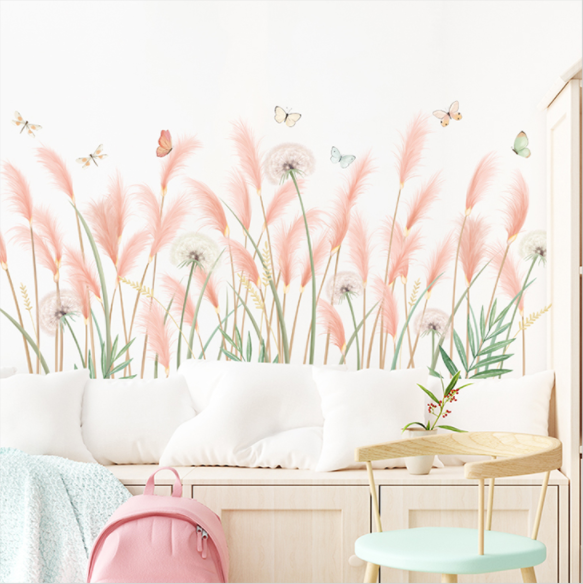 Decal trang trí tường - Chân tường cỏ bông lau hồng
