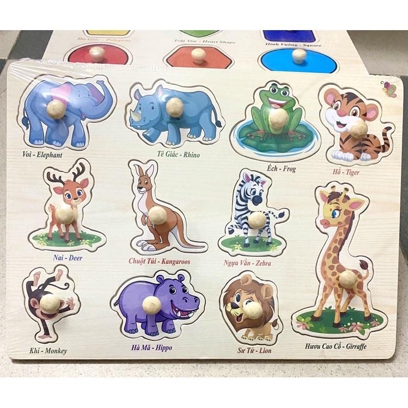 Đồ chơi xếp hình lắp ghép gỗ có núm cầm cho bé 1-4 tuổi bản to đẹp song ngữ Anh-Việt