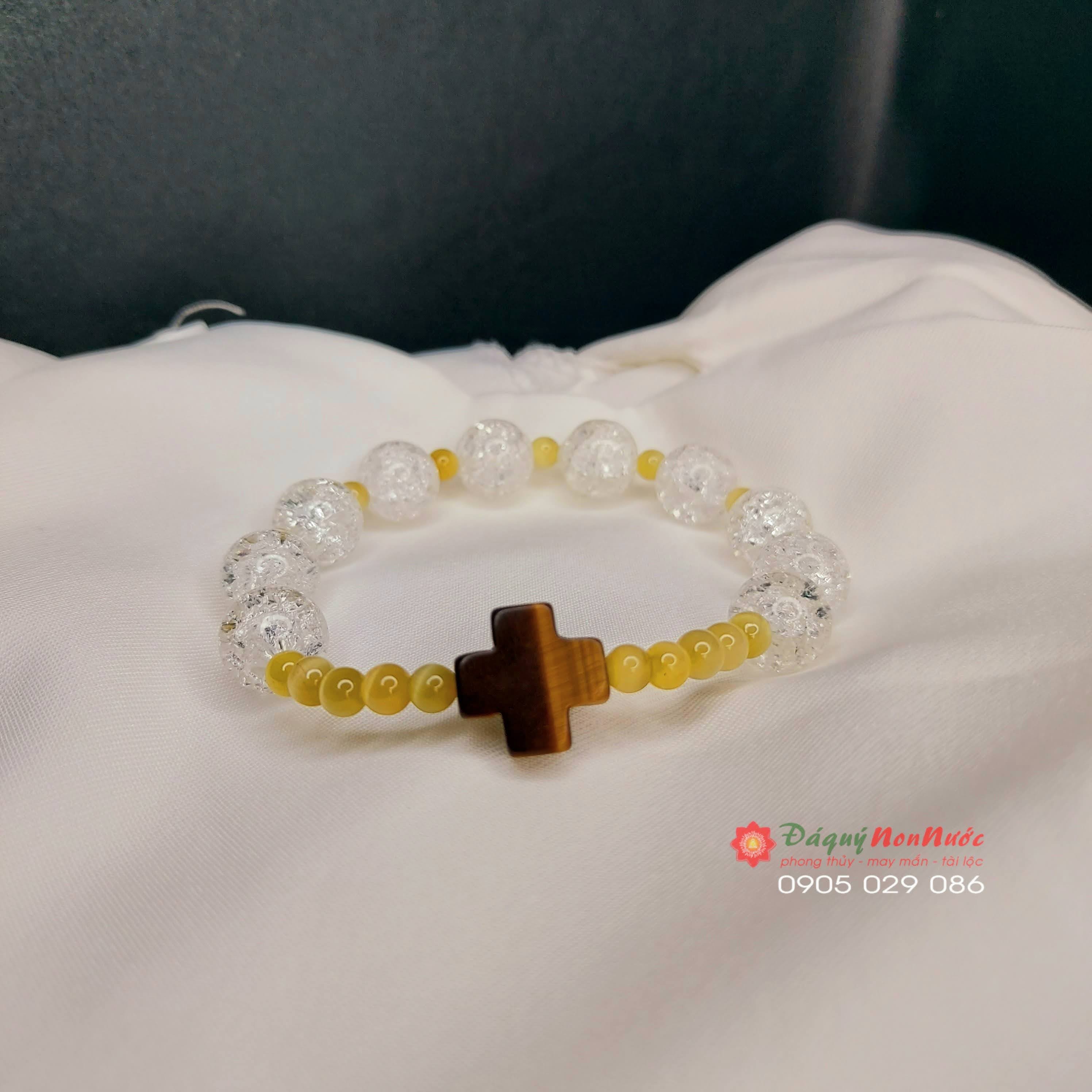 Chuỗi mân côi pha lê trắng mix thánh giá đá măt hổ