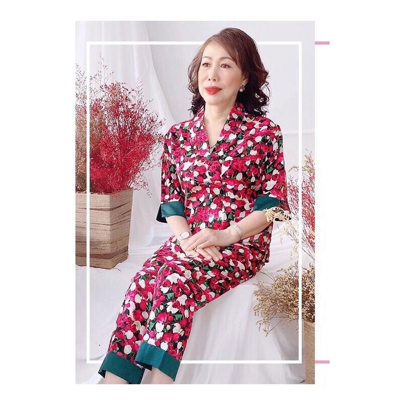 Đồ bộ trung niên NHIHOUSE71 lụa HỒNG KÔNG cổ chui tay lửng sang trọng có túi 50 - 75 kg