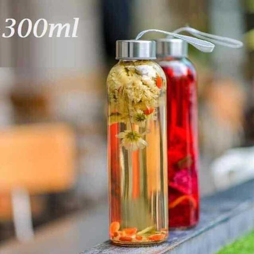 Combo 12 Chai Thủy Tinh đựng nước 300ML - Nắp Thiếc vặn có dây treo (Bình thủy tinh đựng nước, đựng sữa, nước ép)