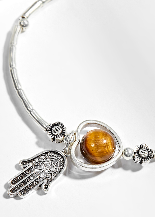 Vòng Tay Bạc 1 Hạt Đá Mắt Hổ Vàng Nâu Phối Charm Bàn Tay Hamsa Bạc Ngọc Quý Gemstones