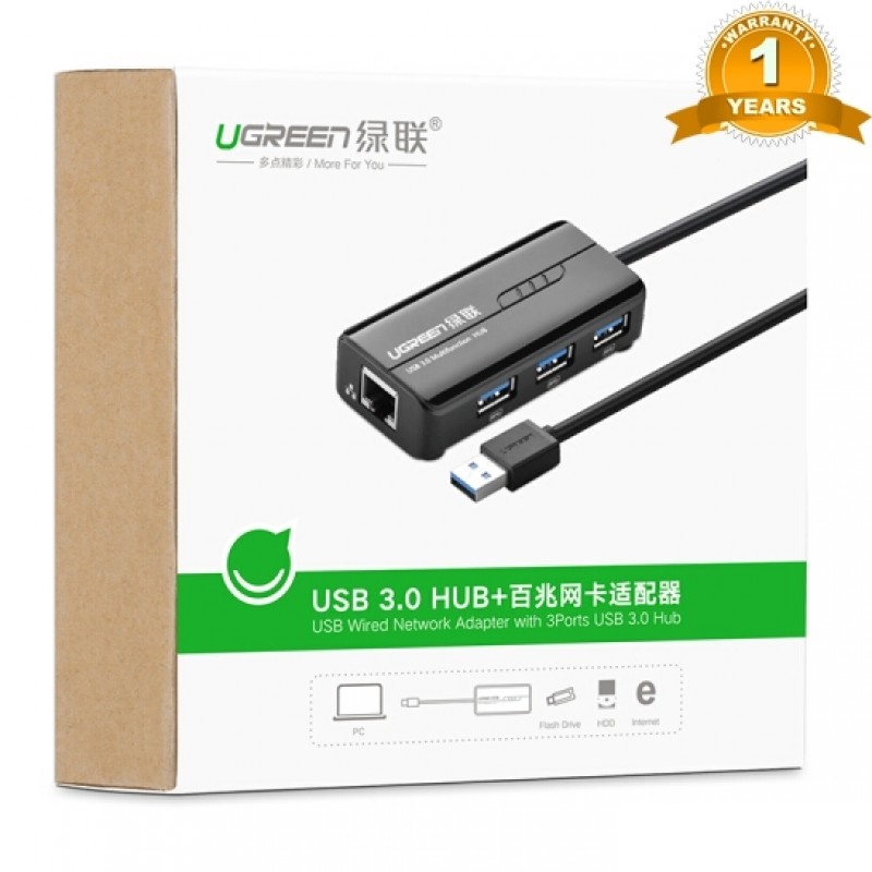 HUB USB 3 cổng 3.0 kèm cổng mạng LAN 10/100 Mbps Ethernet UGREEN CR103 20266 - Hàng chính hãng