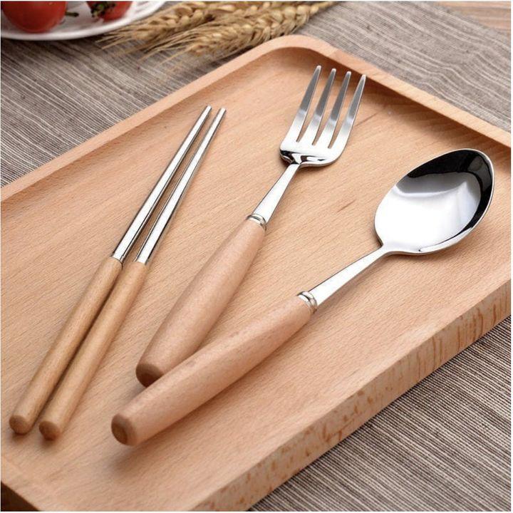 Bộ thìa đũa cá nhân văn phòng lúa mạch cán gỗ inox