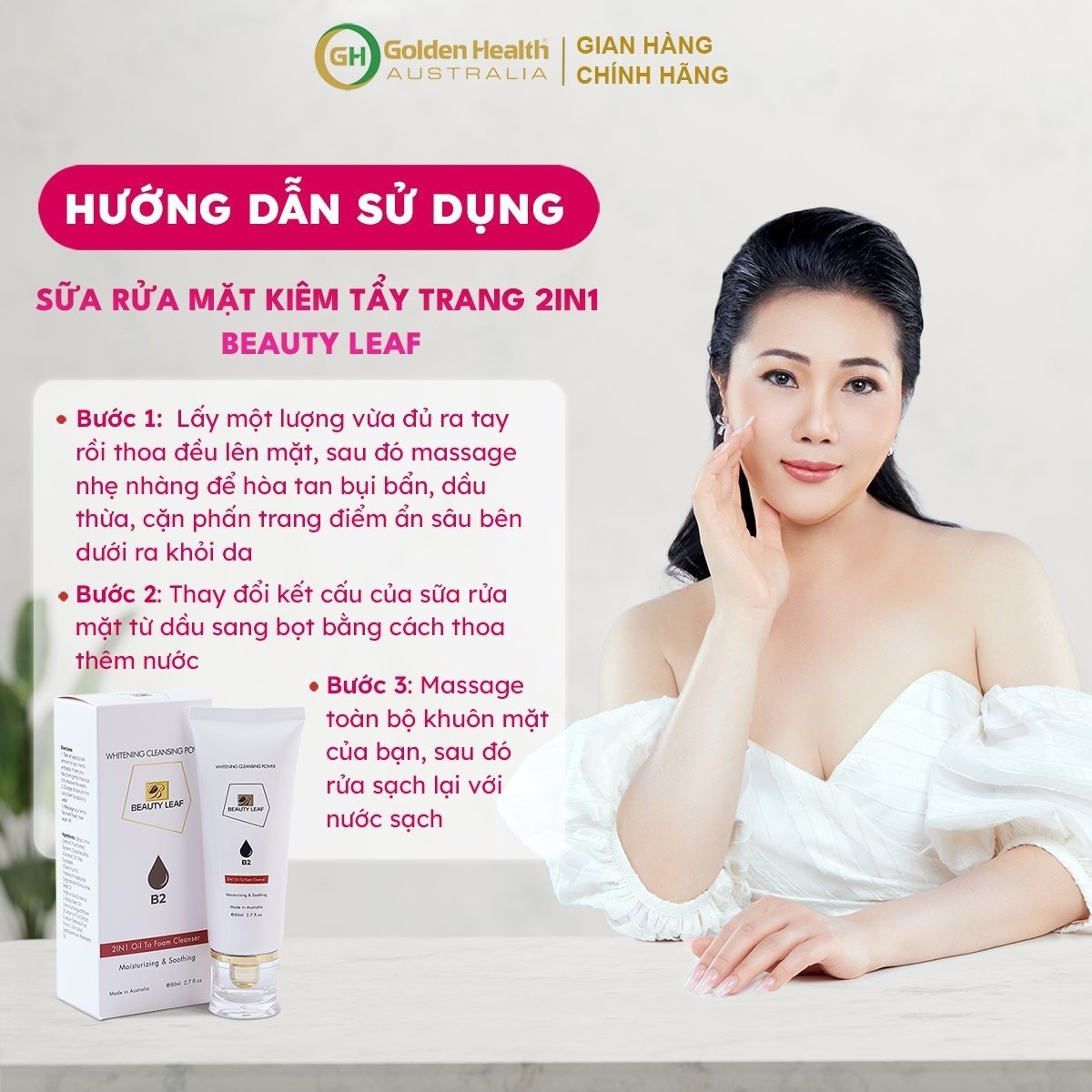 [GOLDEN HEALTH] Sữa Rửa Mặt Kiêm Tẩy Trang 2 Trong 1, Làm Sạch Sâu, Sáng Da, Cấp Ẩm Và Giúp Da Căng Mịn Không Gây Khô Da Beauty Leaf 80ml - Nhập Khẩu Chính Ngạch Từ Úc