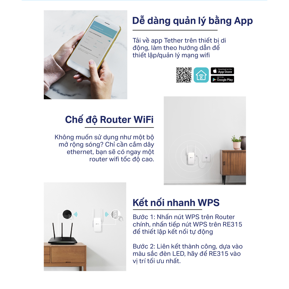 Bộ Mở Rộng Sóng Wifi Mesh TP-Link RE315 Chuẩn AC 1200Mbps - Hàng Chính Hãng