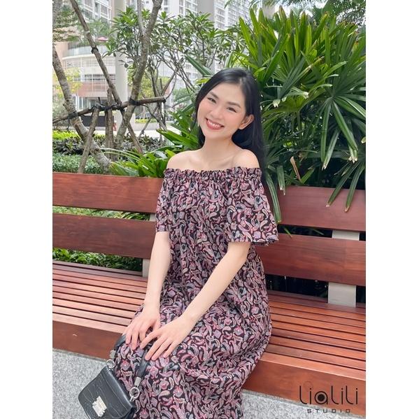 Đầm trễ vai hoạ tiết chất cotton hàn cao cấp-Thiết kế từ