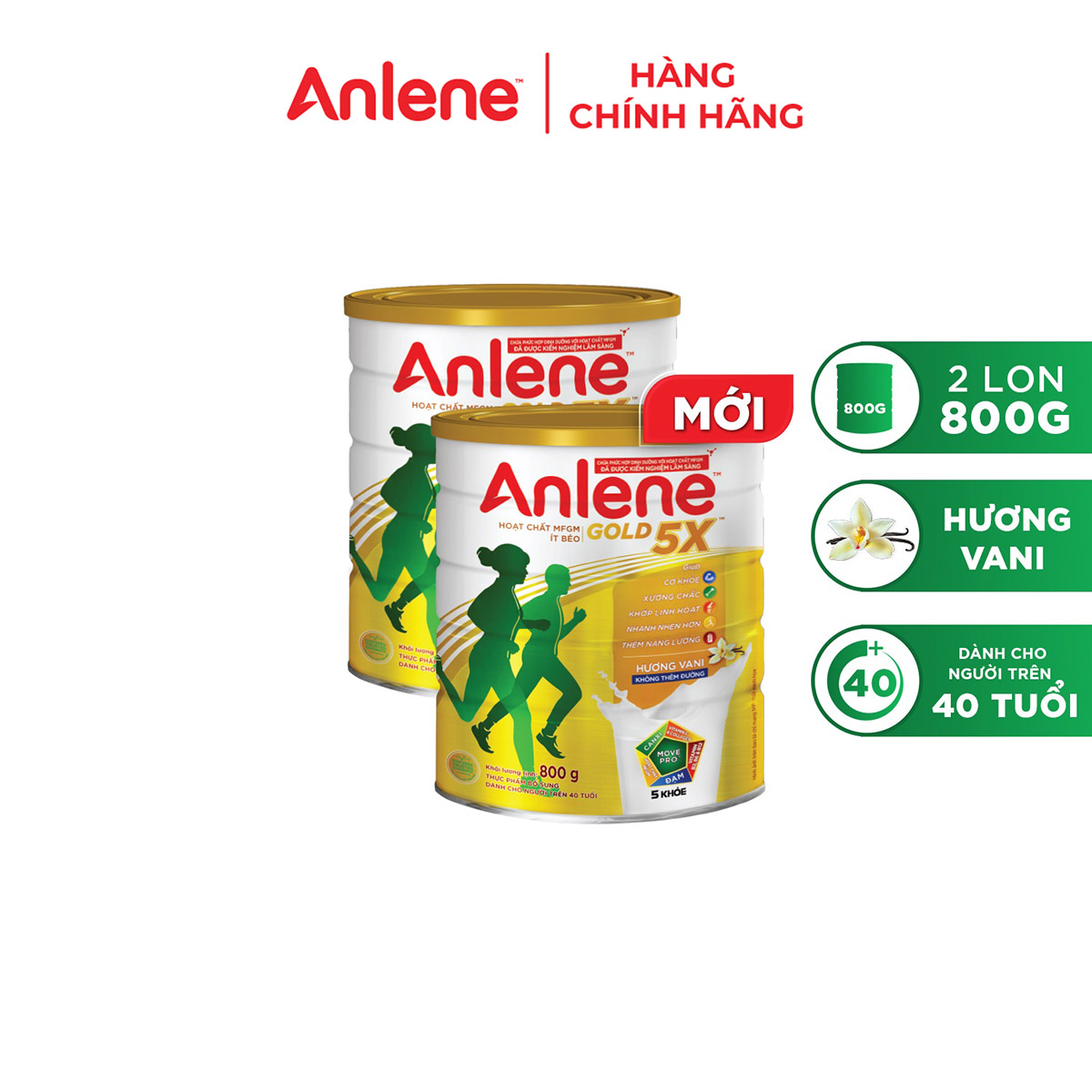 Combo 2 Sữa Bột Anlene Gold 5X Hương Vanilla (Hộp Thiếc 800g) tặng dù Anlene