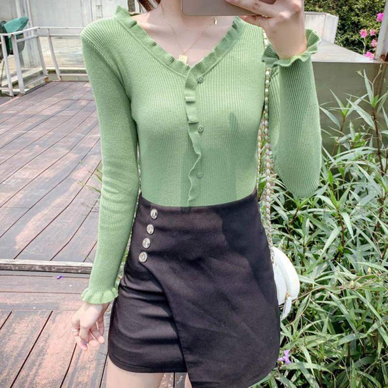 Áo dệt kim nữ tay dài cổ chữ V màu trơn
