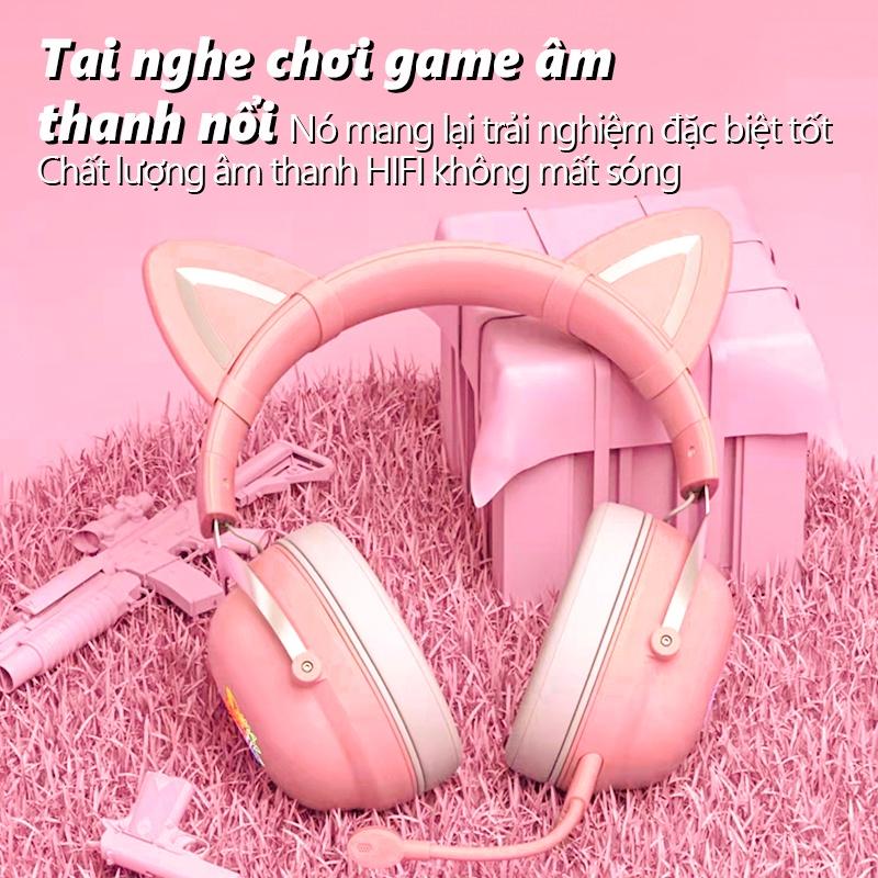 ONIKUMA X11 tai nghe chơi game chụp tai màu hồng với tai mèo có thể tháo rời dành cho PS5, PS4, Xbox