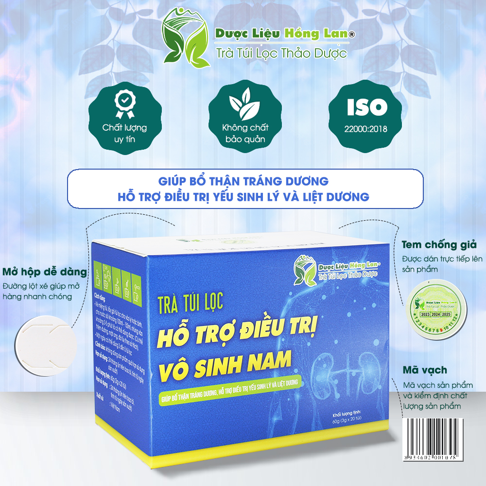 Trà Túi Lọc bổ thận tráng dương & tăng cường sinh lý nam, hỗ trợ hiếm muộn nam giới 60g Dược Liệu Hồng Lan