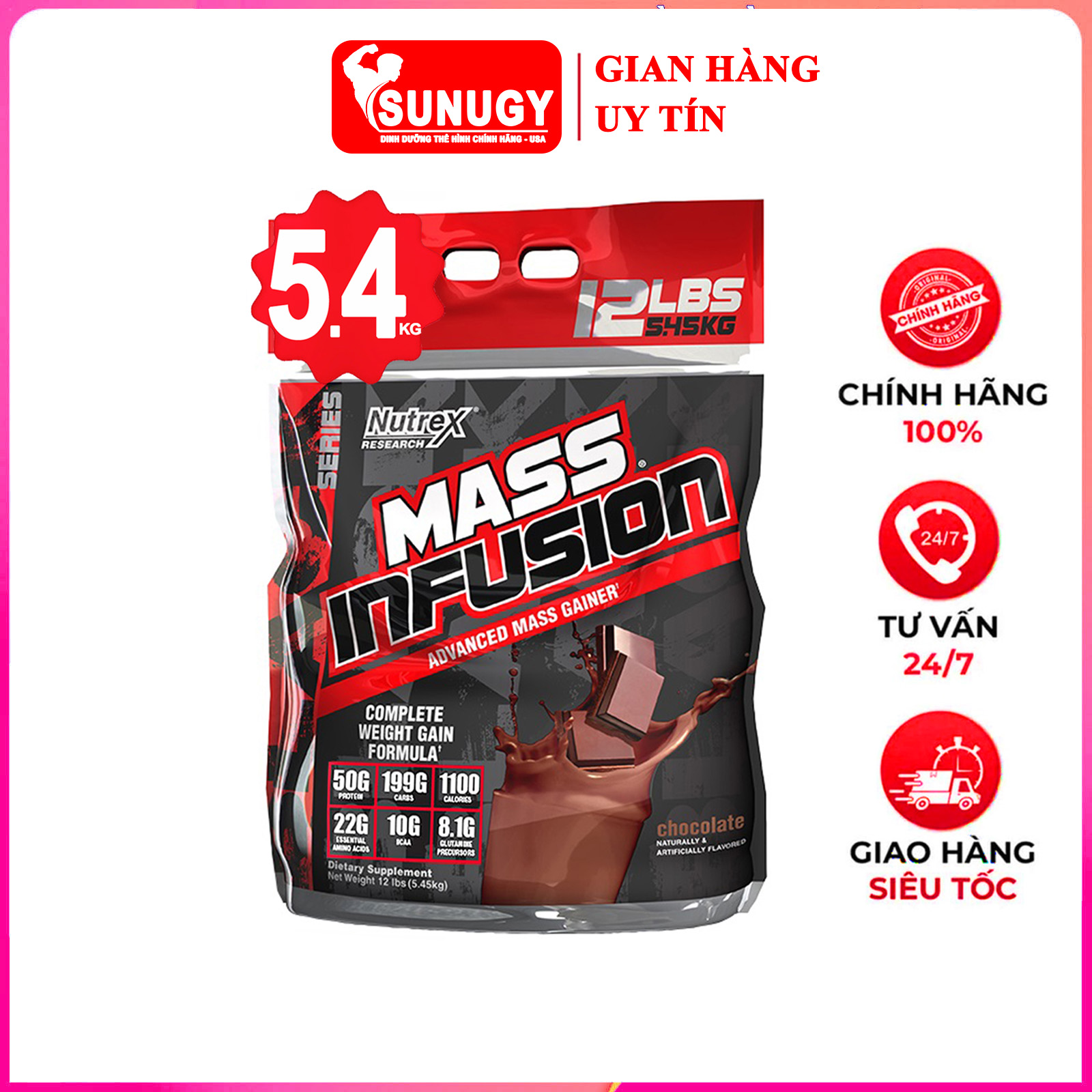 Sữa tăng cân tăng cơ Mass Infusion của Nutrex bịch lớn 5.45kg hỗ trợ tăng cân tăng cơ nhanh cho người gầy kén ăn và khó tăng cân, có enzim tiêu hoá cho người dị ứng lactose