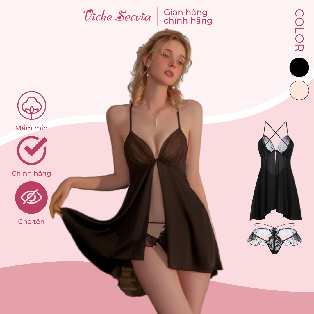 Đầm váy ngủ hai dây chất lụa phối ren cao cấp VICKE SECVIA tặng kèm quần lọt khe - xẻ tà sexy - quyến rũ 2661
