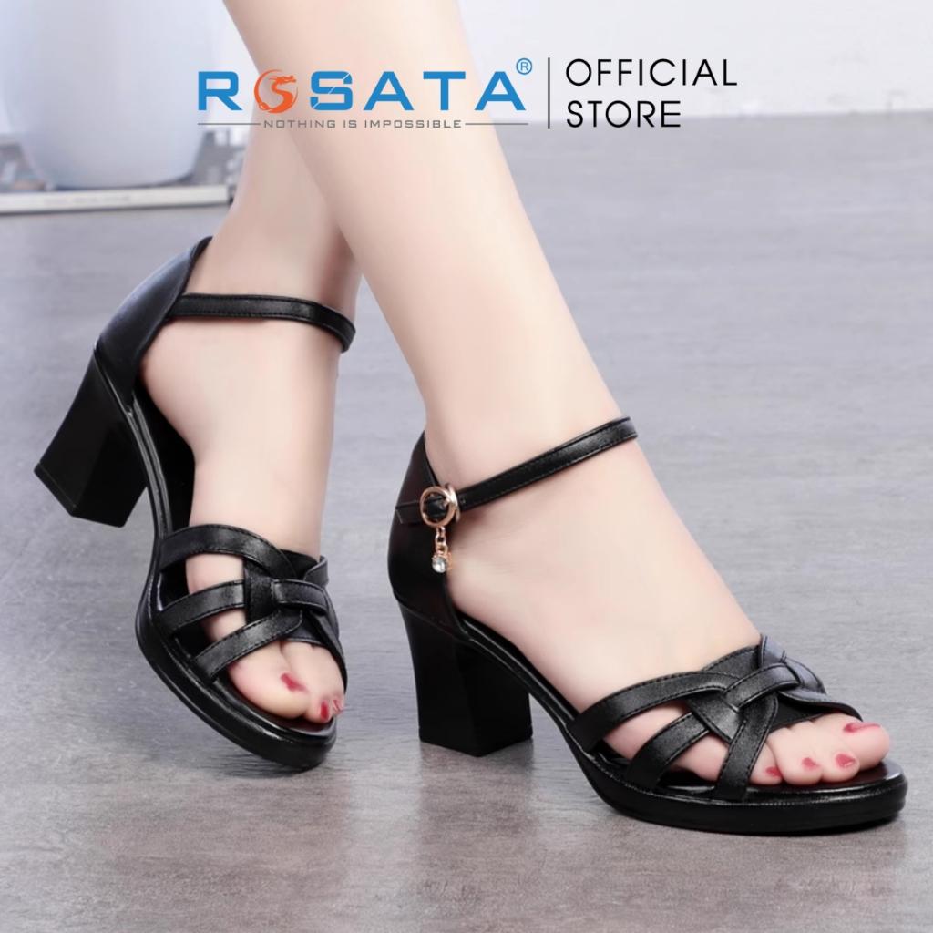 Giày sandal cao gót nữ ROSATA RO450  xỏ ngón phối dây mũi tròn quai cài mảnh gót vuông cao 7cm xuất xứ Việt Nam - Đỏ Đô