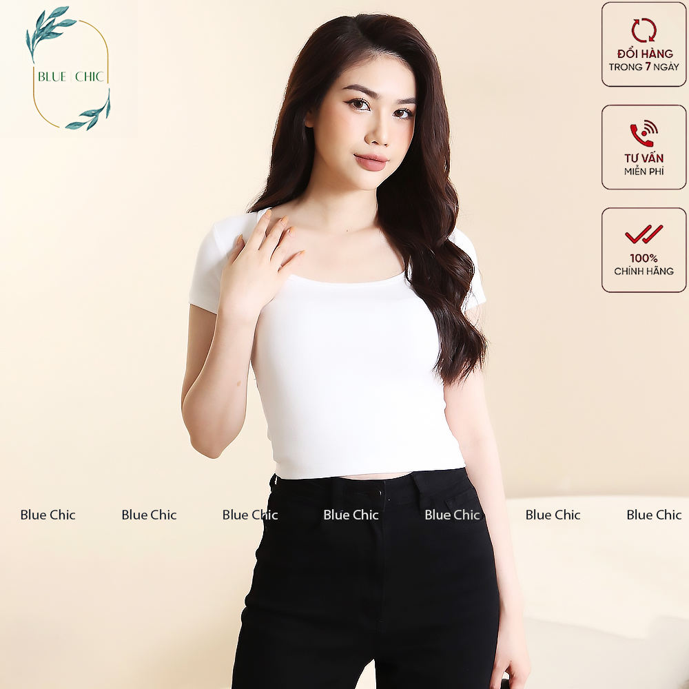 Áo croptop Blue Chic cổ vuông cộc tay vải thun ôm body crotop nữ cotton co giãn tốt