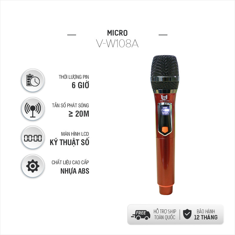 Trọn Bộ 2 Micro Không Dây Việt Star Quốc Tế W108 &amp; W108A, Tần Số VHF, Kết Nối Xa 20m Không Vật Cản - Hàng Chính Hãng